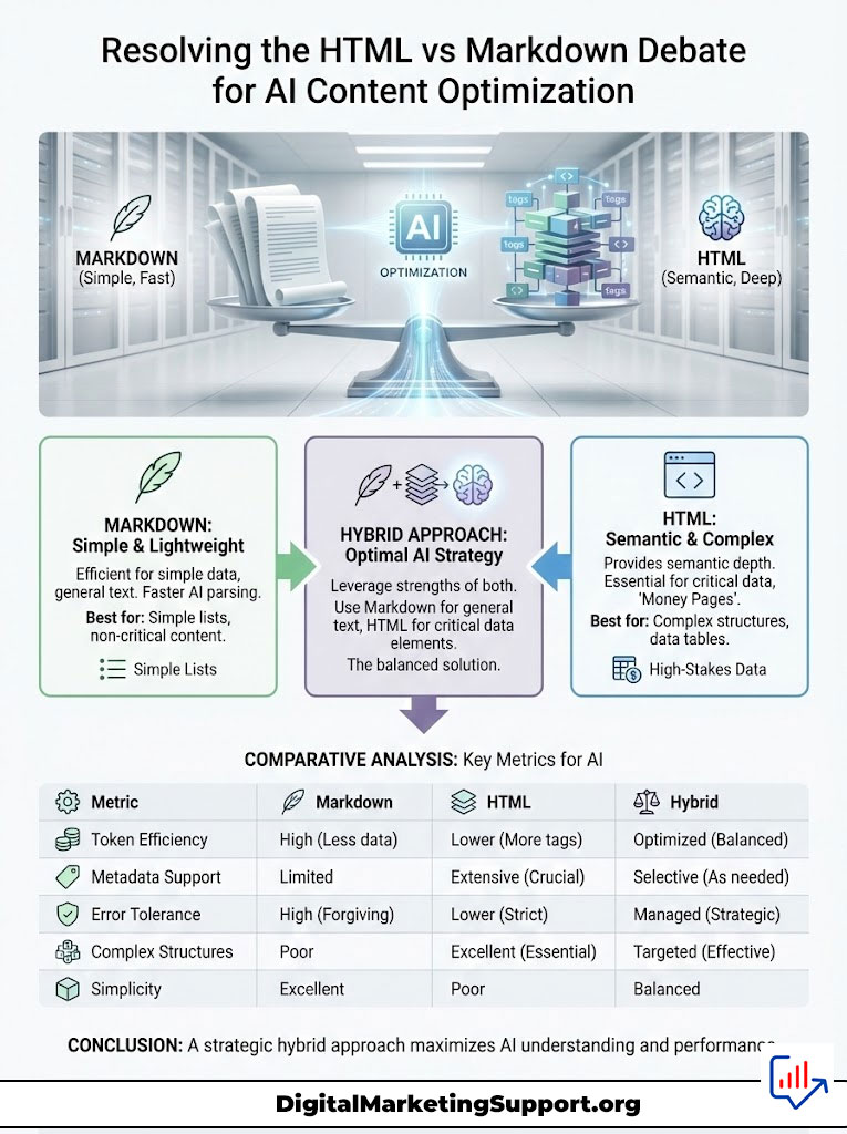 Infographic comparing HTML and Markdown for AI content optimization, featuring metrics and a hybrid approach.