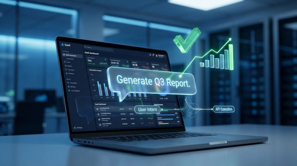 A laptop displays a SaaS dashboard with graphs and a prompt to generate a Q3 report in a modern office setting.