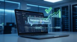 A laptop displays a SaaS dashboard with graphs and a prompt to generate a Q3 report in a modern office setting.