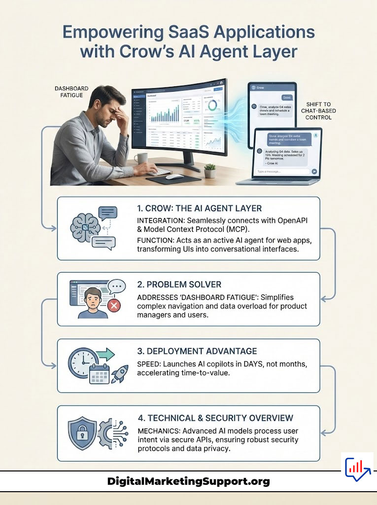 Infographic explaining Crow's AI Agent Layer for SaaS applications, featuring charts, icons, and key points on dashboard fatigue and deployment advantages.