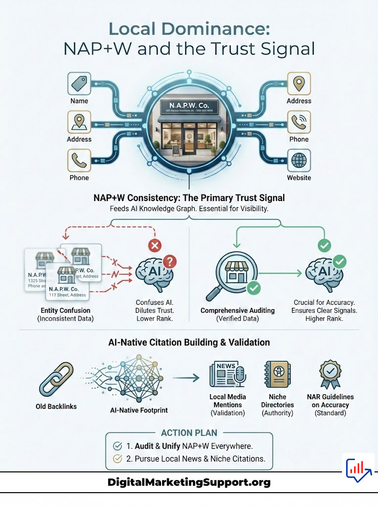 Infographic illustrating NAP+W consistency, trust signals, and action plan for local dominance in SEO.