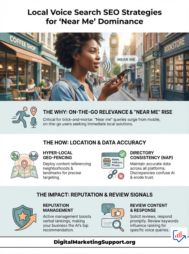 Infographic on local voice search SEO strategies featuring a woman using a smartphone with 'near me' text, icons, and key strategies.