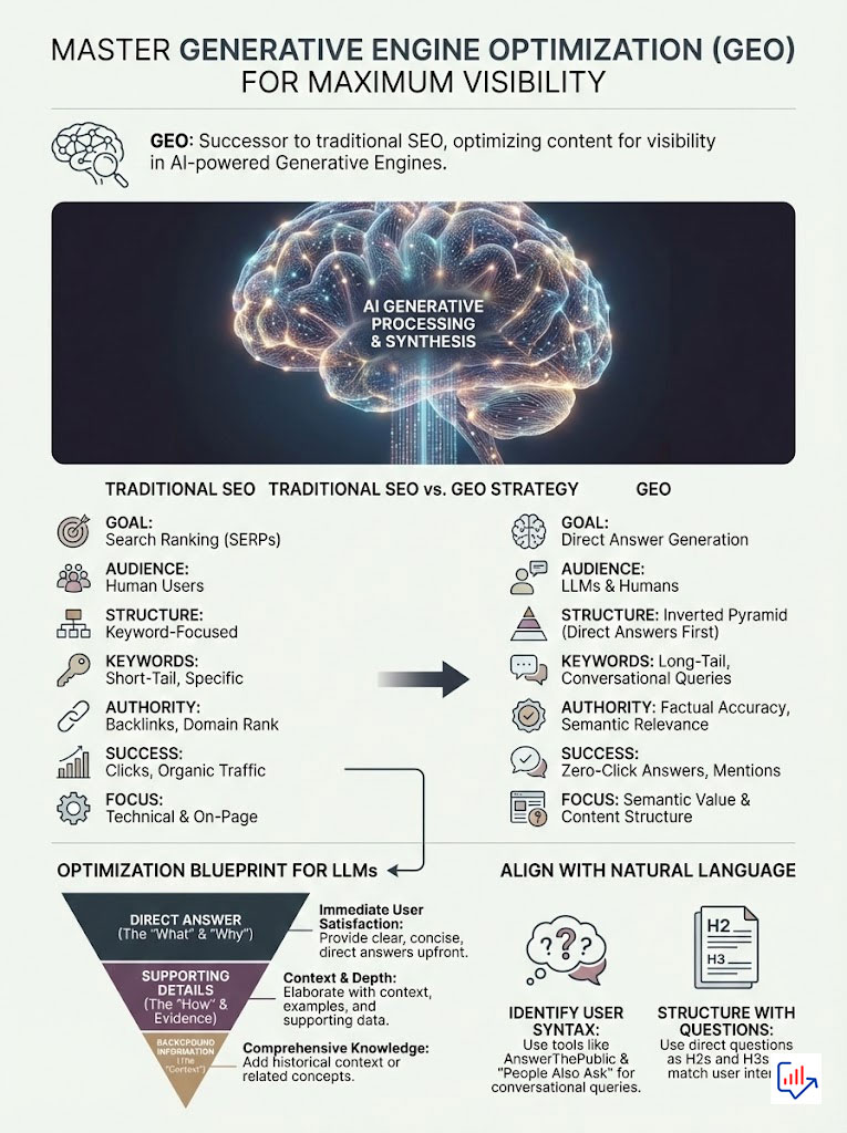 Infographic on Generative Engine Optimization comparing traditional SEO and GEO strategies with visuals of a brain and data points.