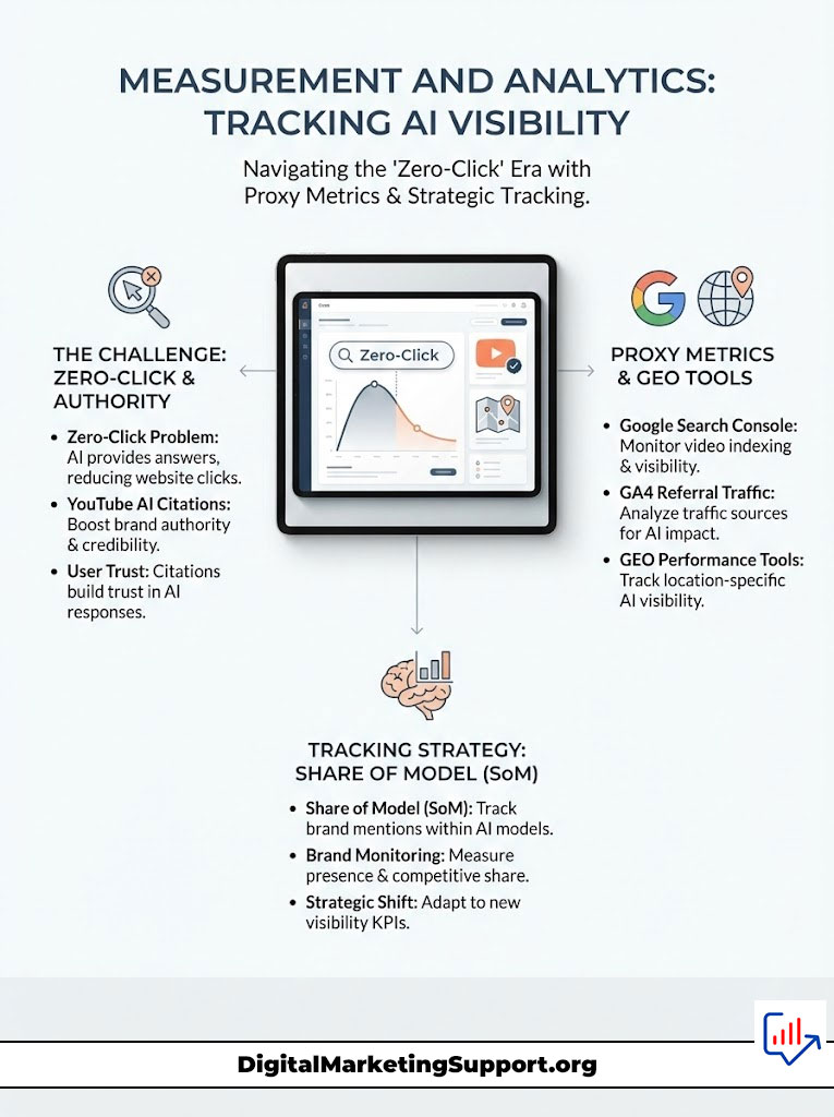 Infographic on tracking AI visibility with zero-click challenges, proxy metrics, and strategic tracking methods.