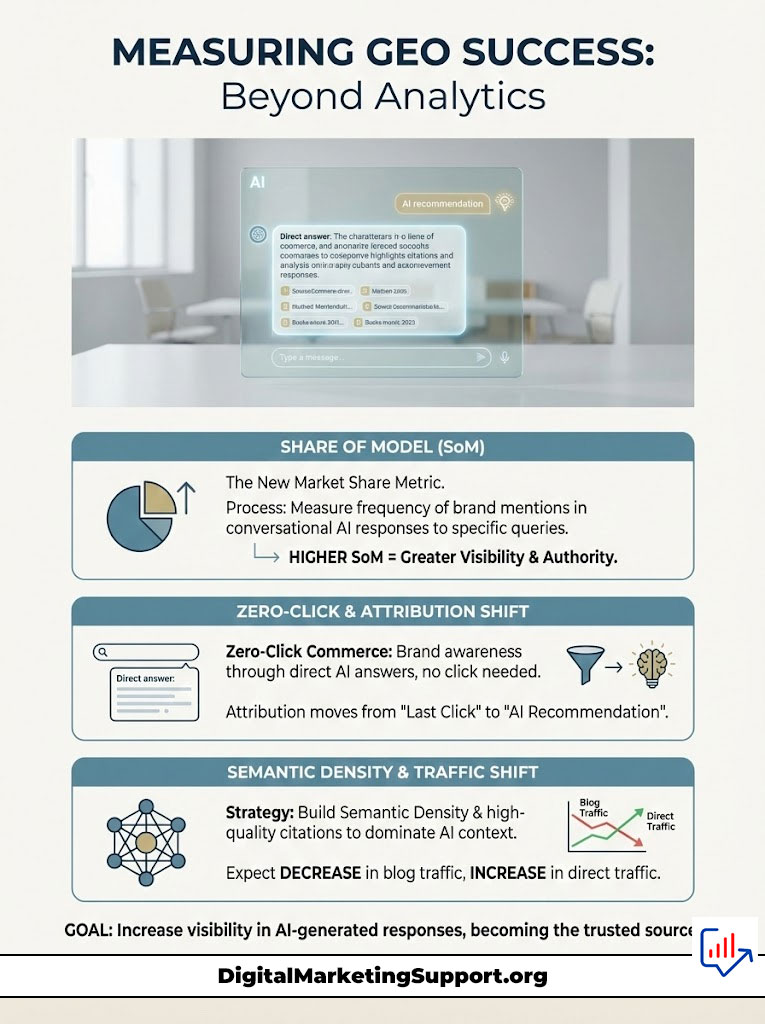 Infographic on measuring geo success with AI, featuring charts on market share, zero-click commerce, and semantic density.