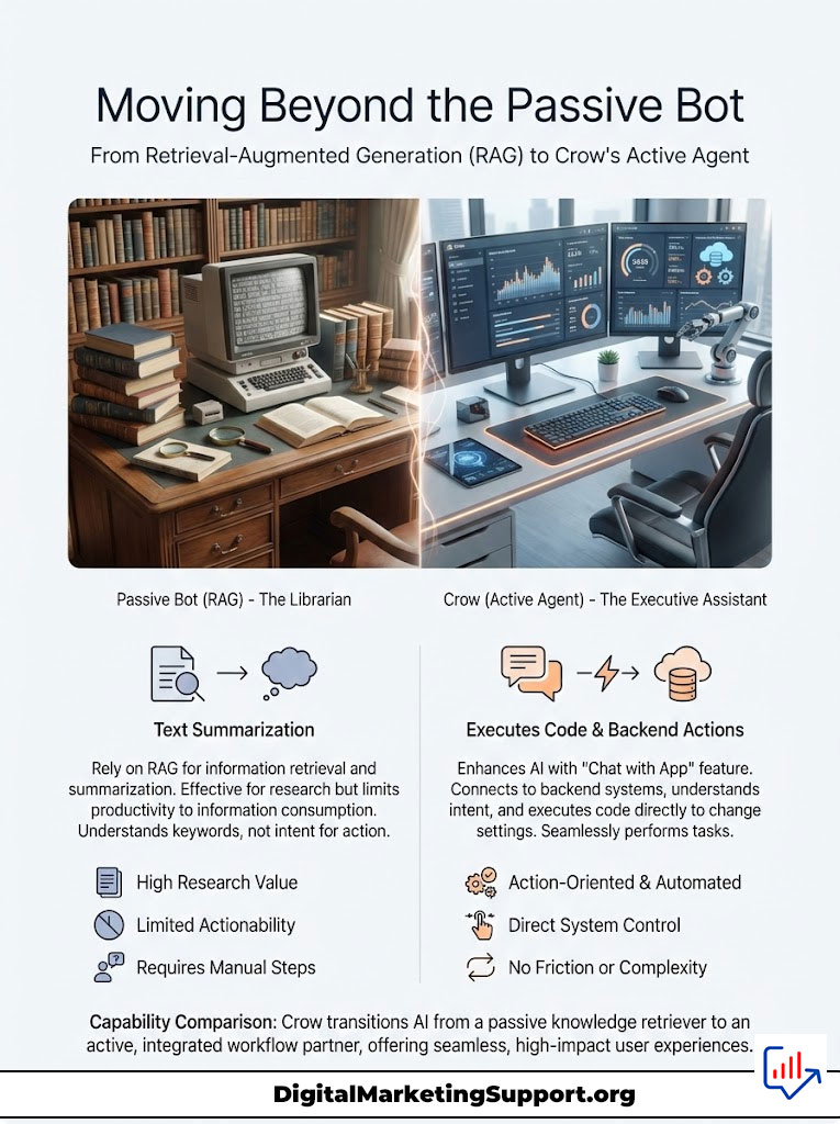 Infographic comparing Passive Bot and Crow Active Agent roles, highlighting text summarization and execution capabilities.