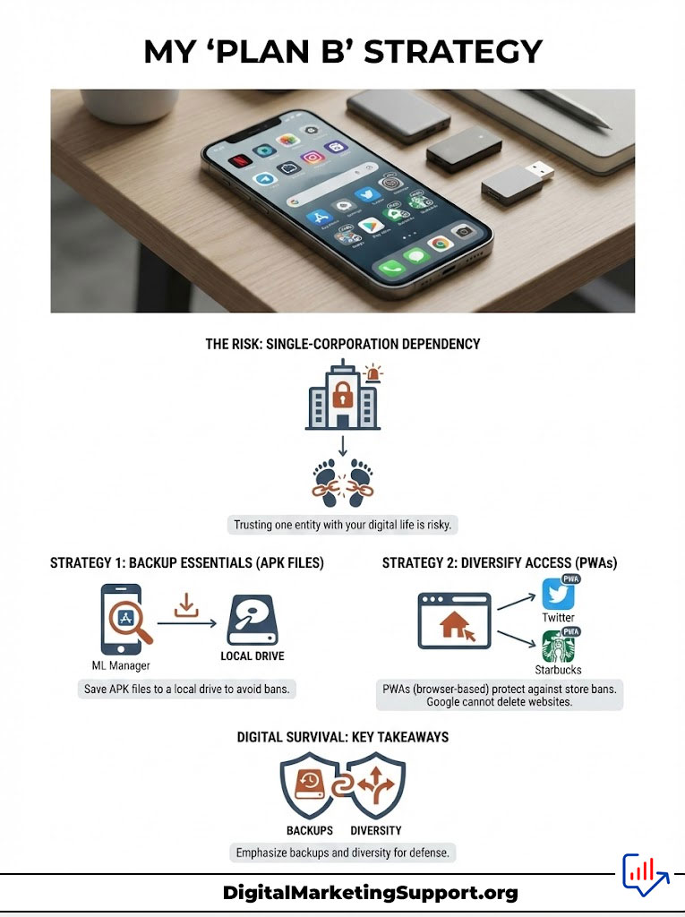 A smartphone on a desk displays various app icons. The infographic outlines risks and strategies for digital survival, including backups and diversity.
