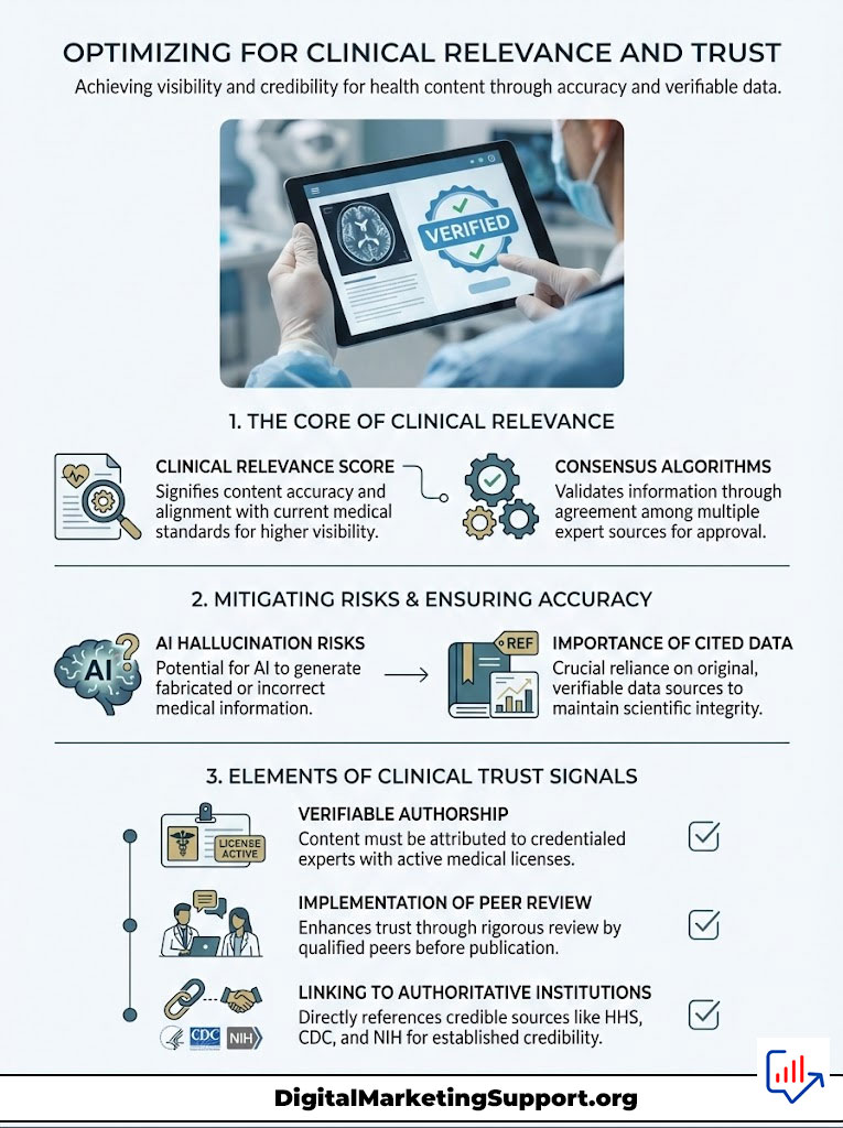 Infographic on optimizing clinical relevance and trust in health content, featuring key elements and statistics.