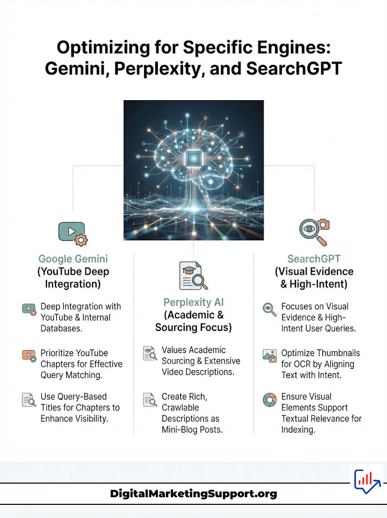 Infographic on optimizing for Google Gemini, Perplexity AI, and SearchGPT with key strategies and icons.