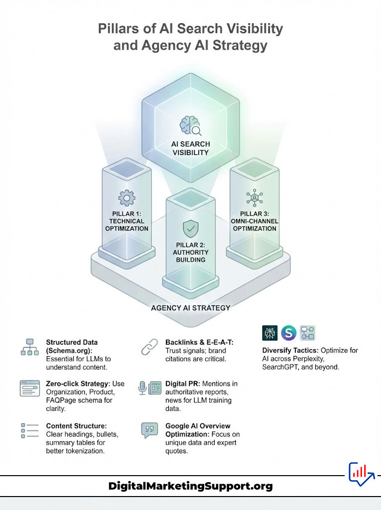 Infographic illustrating the pillars of AI search visibility and agency AI strategy with key elements and icons.
