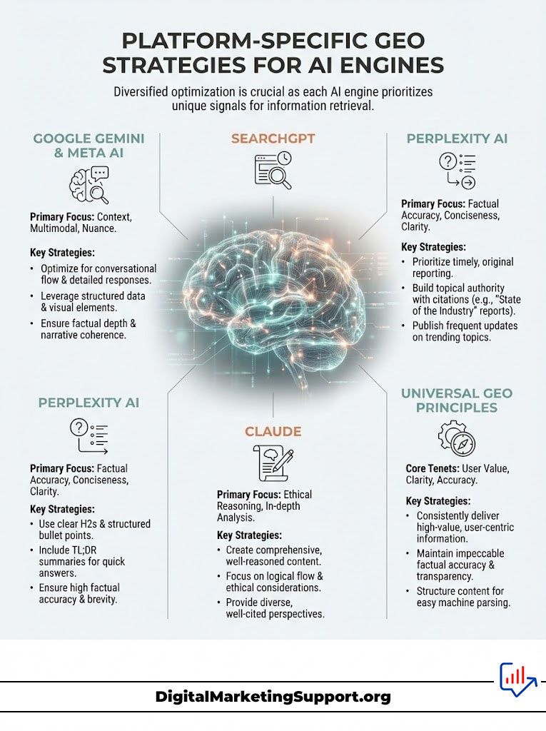 Infographic detailing platform-specific geo strategies for AI engines, including Google Gemini, SearchGPT, and Claude.