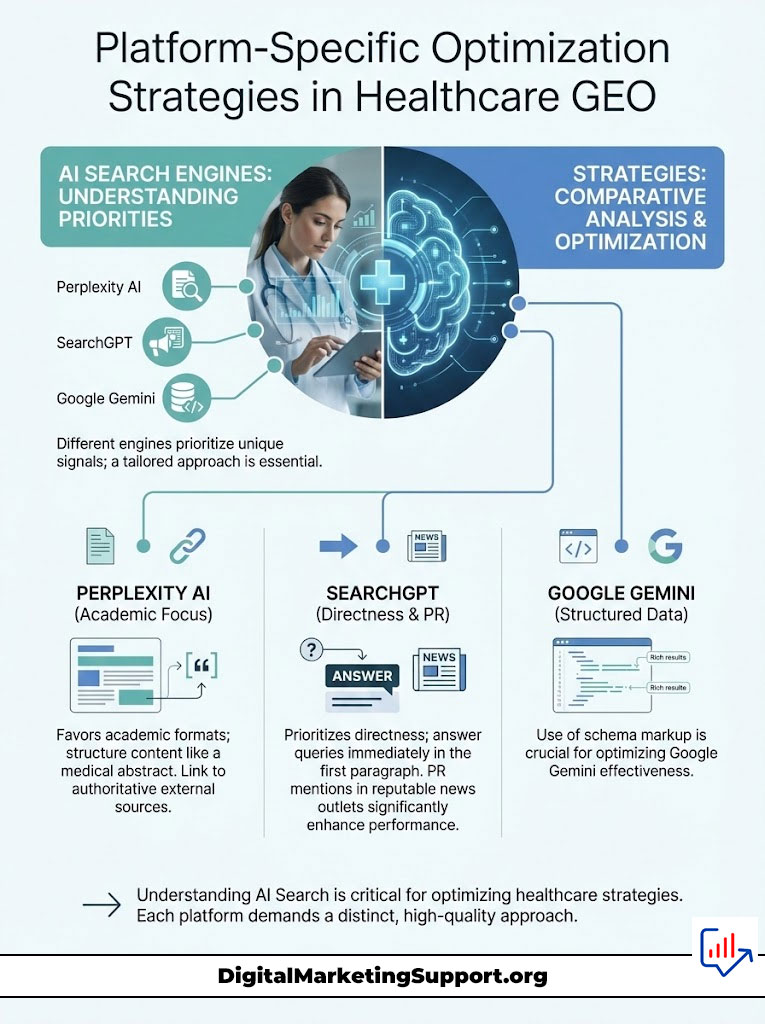 Infographic detailing platform-specific optimization strategies in healthcare, featuring Perplexity AI, SearchGPT, and Google Gemini.