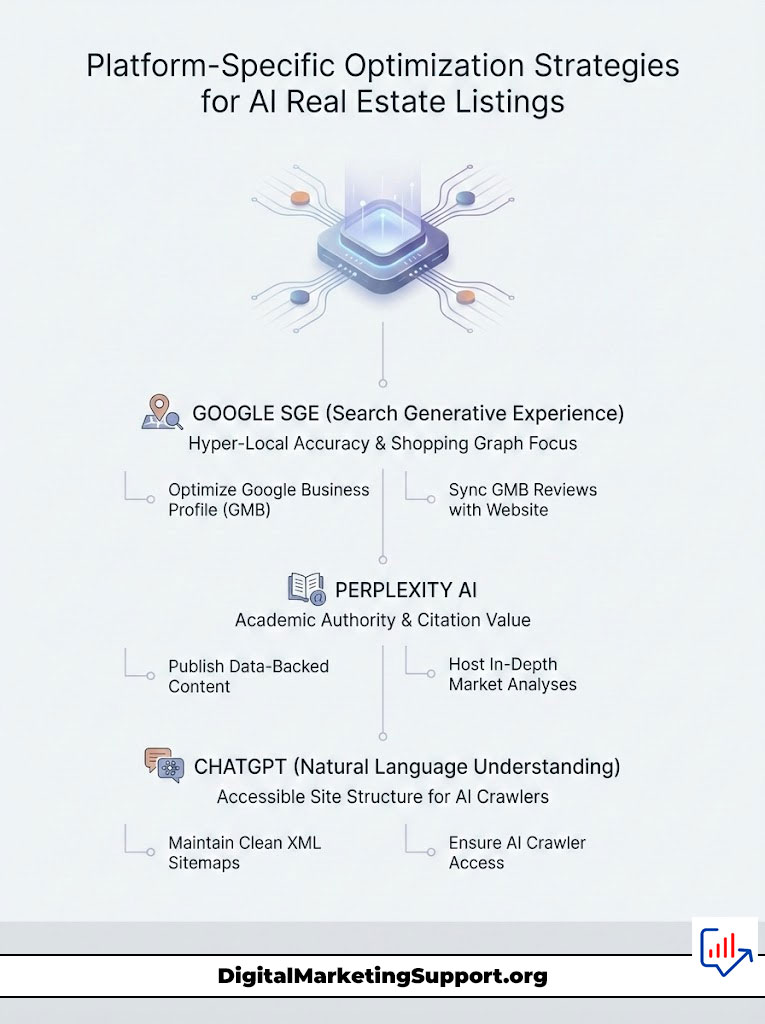 Infographic detailing platform-specific optimization strategies for AI real estate listings, including Google SGE, Perplexity AI, and ChatGPT.