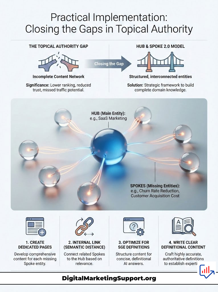 Infographic illustrating the Topical Authority Gap and Hub & Spoke 2.0 Model with key strategies for content improvement.