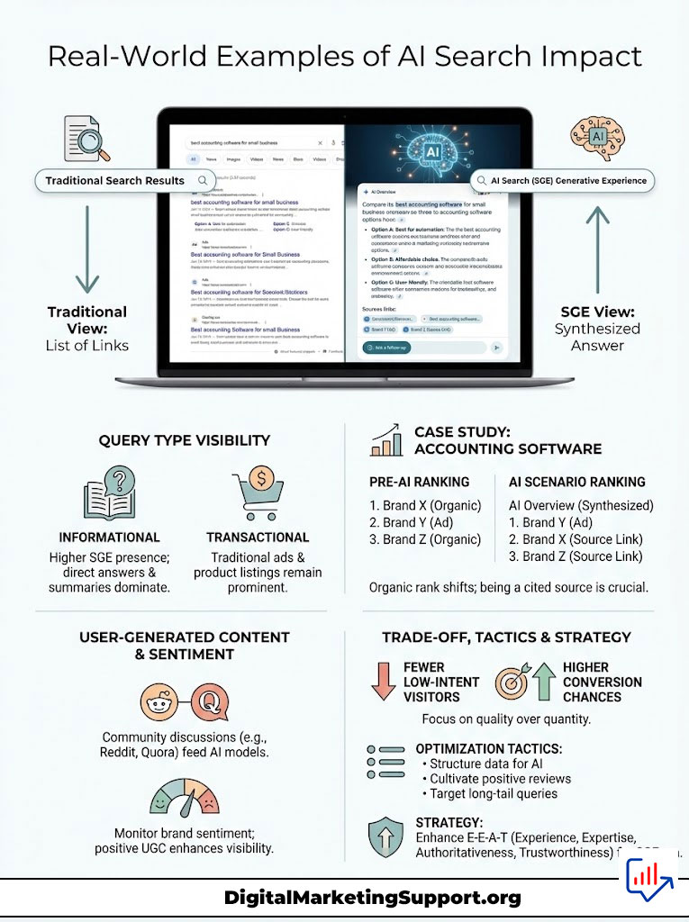 Infographic showing AI search impact with traditional vs. SGE views, case studies, and user-generated content insights.