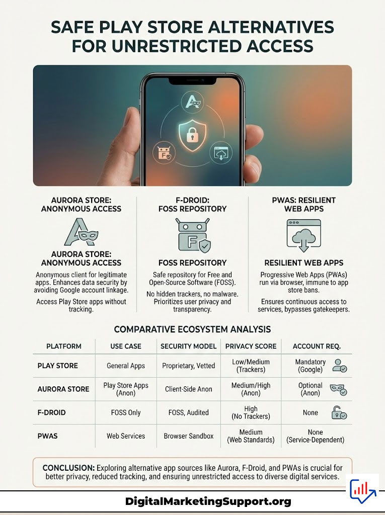 Infographic comparing safe Play Store alternatives: Aurora Store, F-Droid, and PWAs with icons and data points.