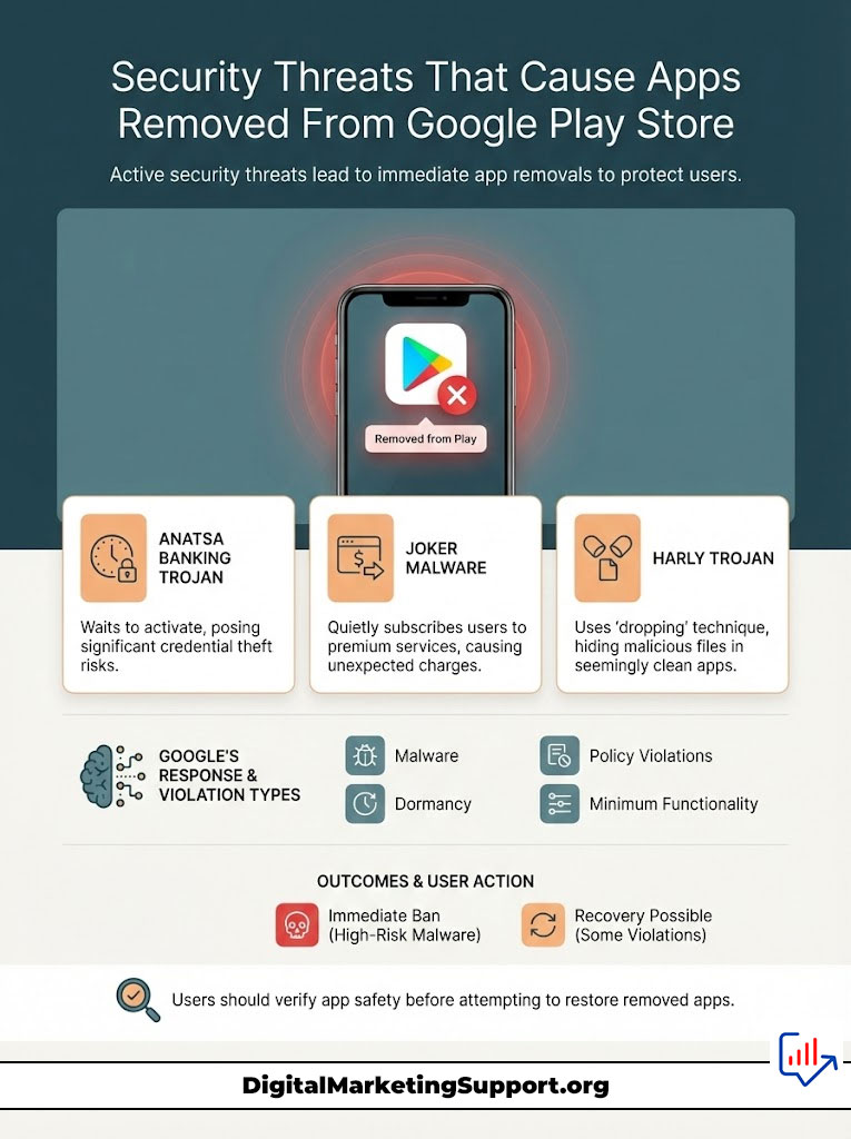 Infographic showing security threats causing app removals from Google Play, detailing Anatsa Trojan, Joker Malware, and Harly Trojan.