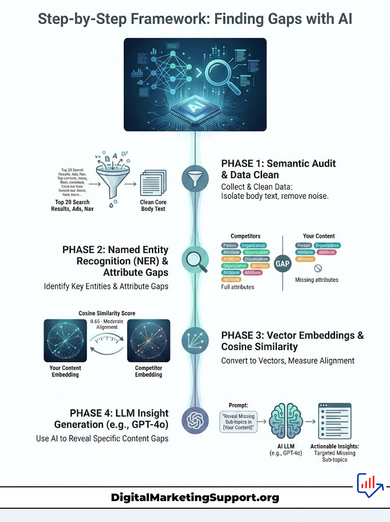 Infographic illustrating a step-by-step framework for finding content gaps using AI, featuring phases and data flow.