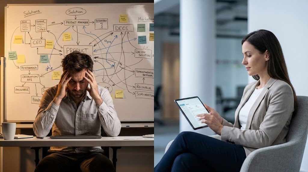 A stressed man sits at a desk with his hands on his head, while a woman uses a tablet in a modern office setting.