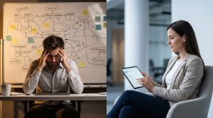 A stressed man sits at a desk with his hands on his head, while a woman uses a tablet in a modern office setting.