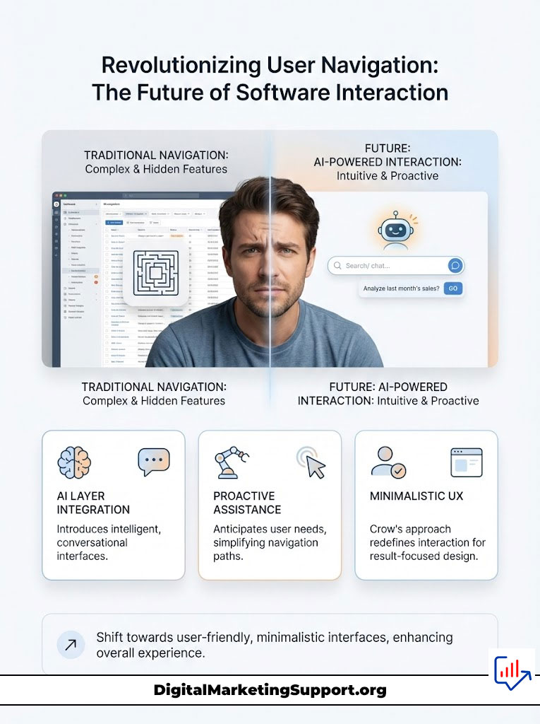 Infographic comparing traditional navigation with AI-powered interaction in software, featuring user-friendly elements and icons.