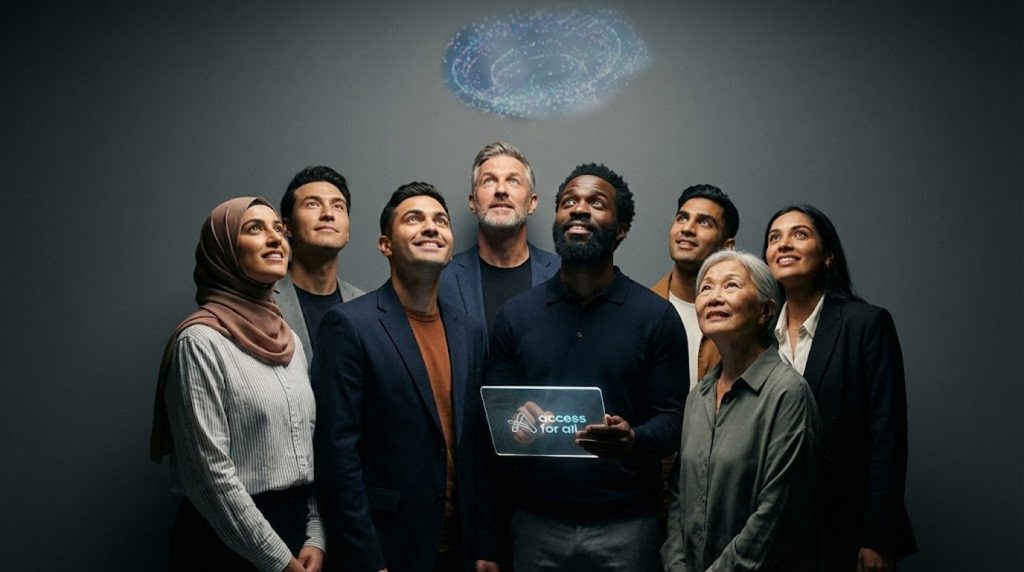 A diverse group of seven people gazes upward, captivated by a digital projection displaying "Access for All."