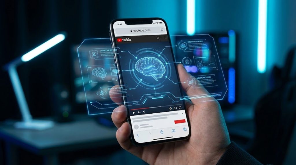 A person holds a smartphone displaying YouTube with holographic brain graphics above it.