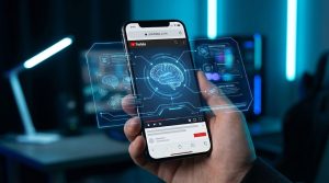 A person holds a smartphone displaying YouTube with holographic brain graphics above it.