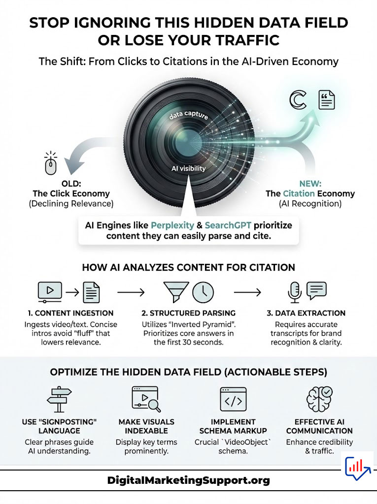 Infographic showing the shift from clicks to citations in the AI-driven economy with data capture and AI visibility elements.