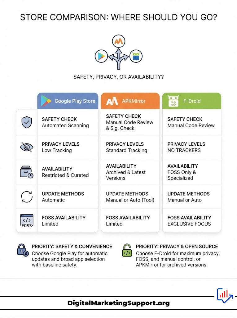 Infographic comparing Google Play Store, APKMirror, and F-Droid on safety, privacy, and availability features.