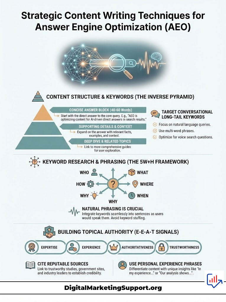 Infographic on strategic content writing techniques for Answer Engine Optimization, featuring keywords and frameworks.