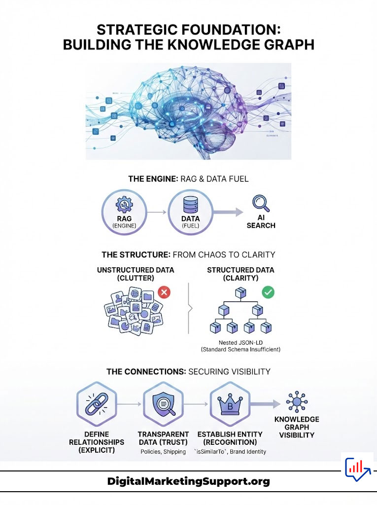Infographic illustrating the strategic foundation for building the knowledge graph, featuring data flow and structure.