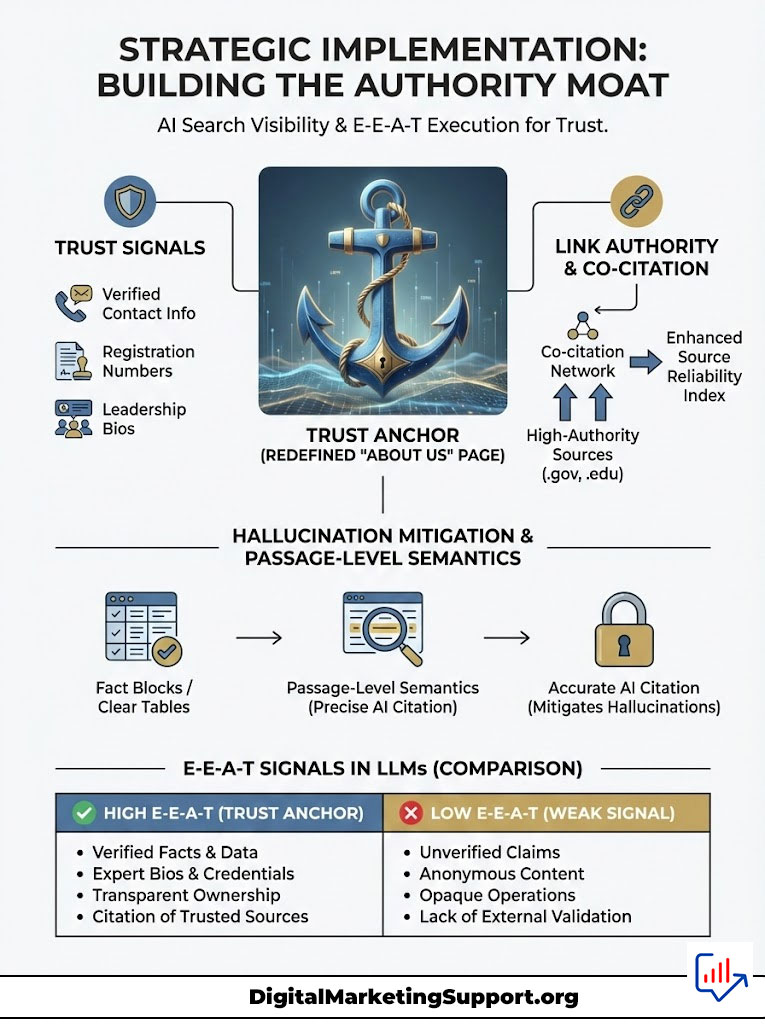 Infographic illustrating strategic implementation for building authority moat with trust signals, link authority, and E-E-A-T execution.