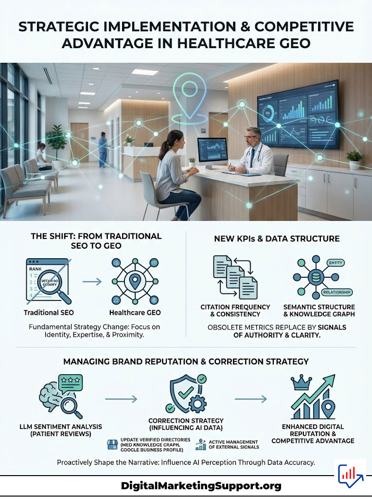 Infographic showing strategic implementation and competitive advantage in healthcare geo with charts and icons.