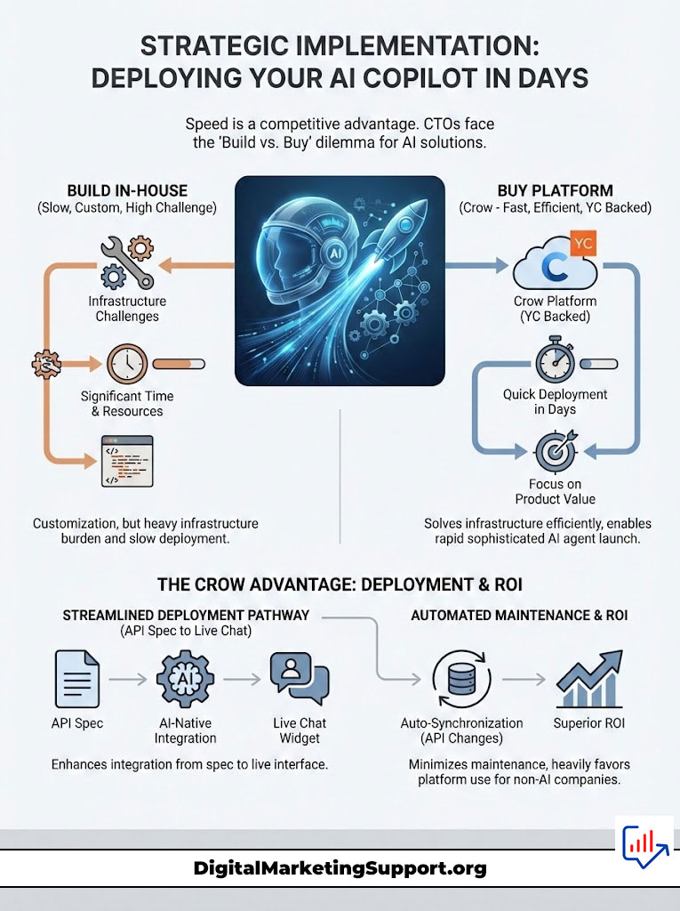 Infographic comparing AI deployment strategies: Build In-House vs. Buy Platform, highlighting challenges and advantages.