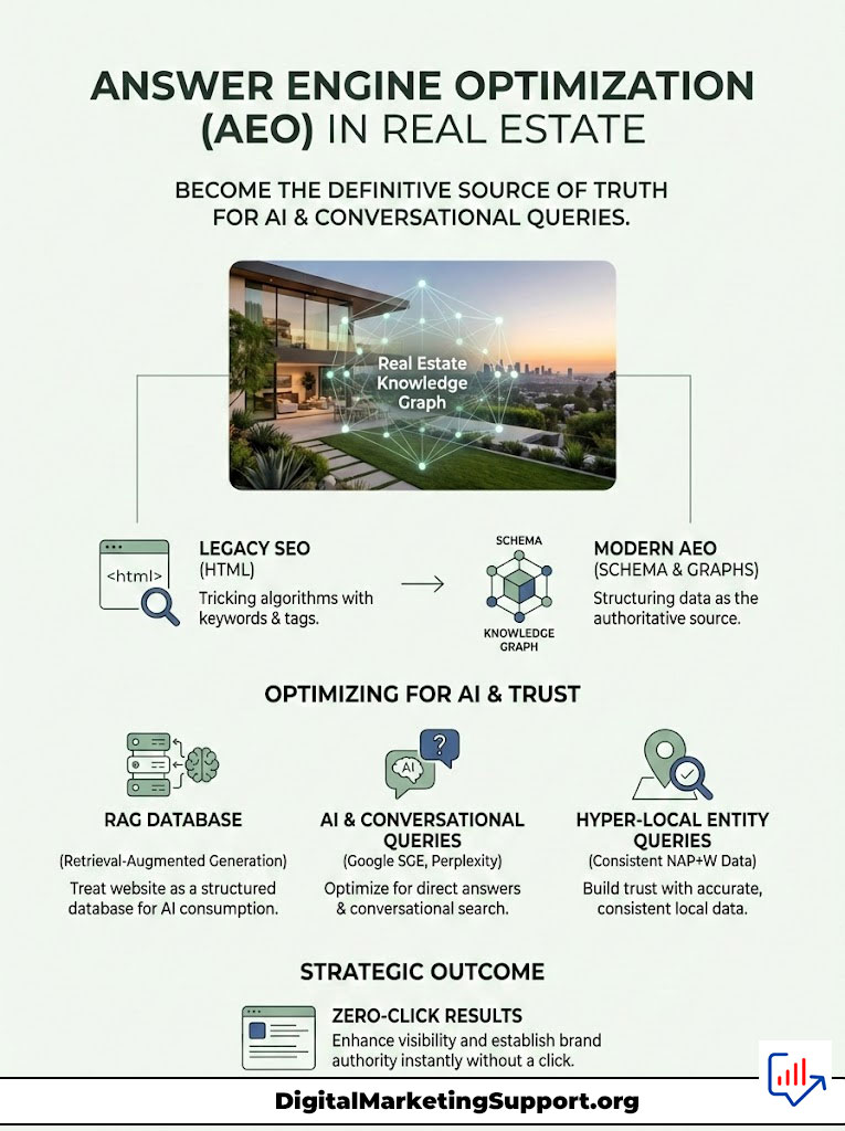 Infographic on Answer Engine Optimization in Real Estate, featuring a knowledge graph and key strategies for AI queries.