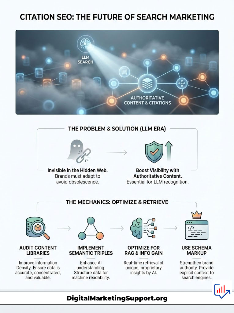 Infographic illustrating Citation SEO strategies, including LLM search, authoritative content, and optimization techniques.