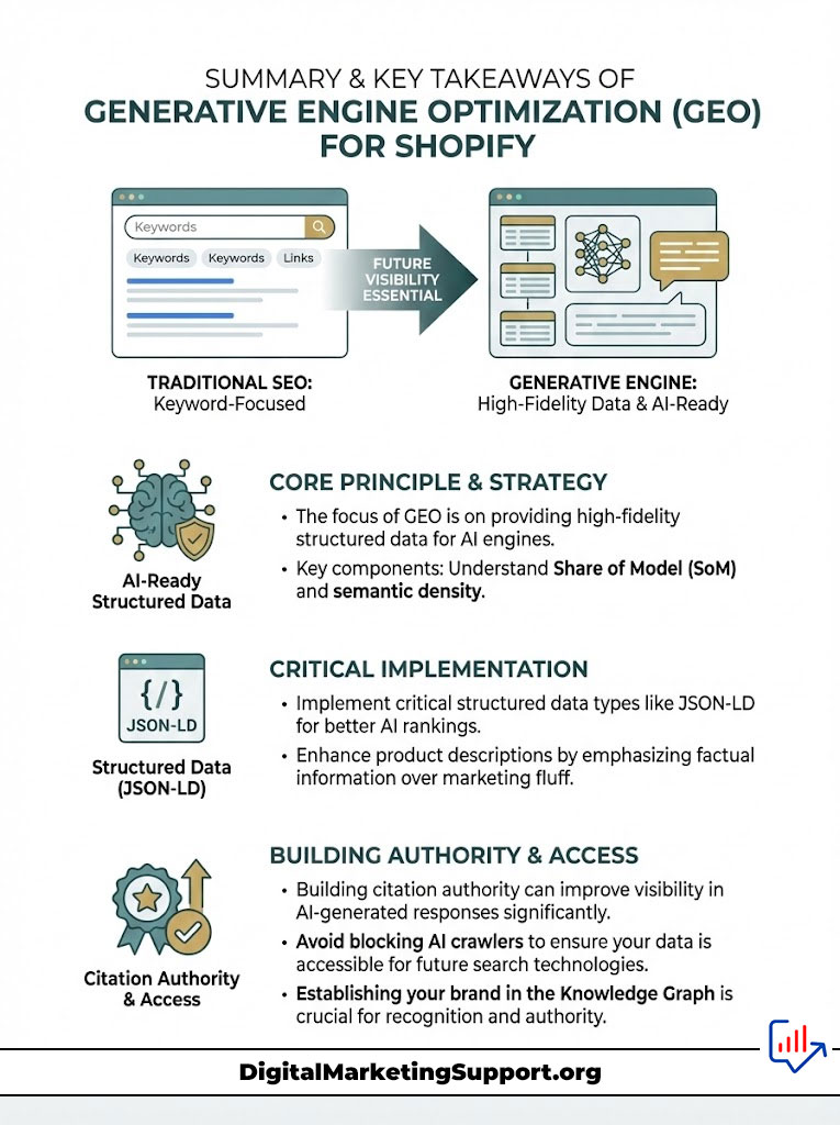 Infographic summarizing Generative Engine Optimization for Shopify, featuring key principles and strategies with icons and charts.