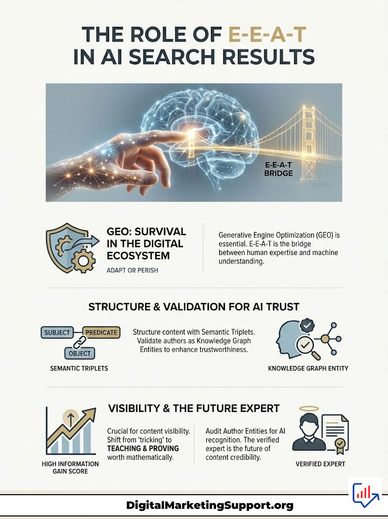 Infographic illustrating the role of E-E-A-T in AI search results with charts, icons, and key concepts like GEO and Semantic Triplets.