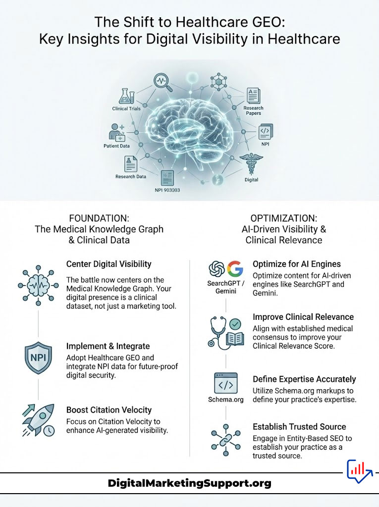 Infographic illustrating key insights for digital visibility in healthcare, featuring a brain graphic and various data points.