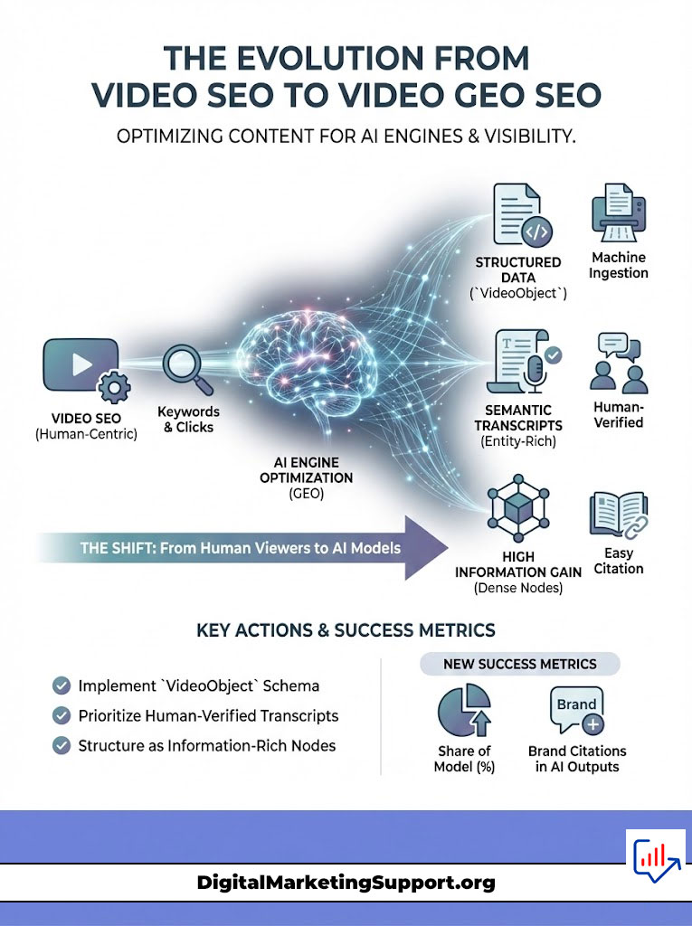 Infographic showing the evolution from Video SEO to Video GEO SEO, highlighting key actions and success metrics.