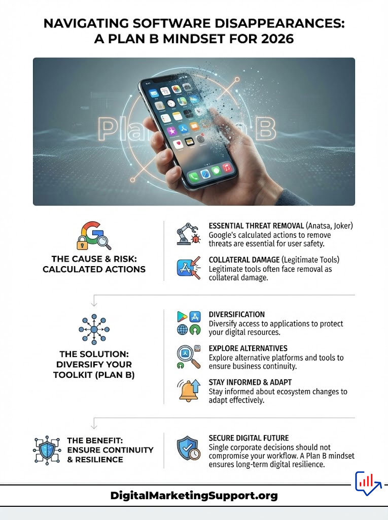 Infographic on software disappearances with a smartphone, highlighting risks and solutions for 2026.