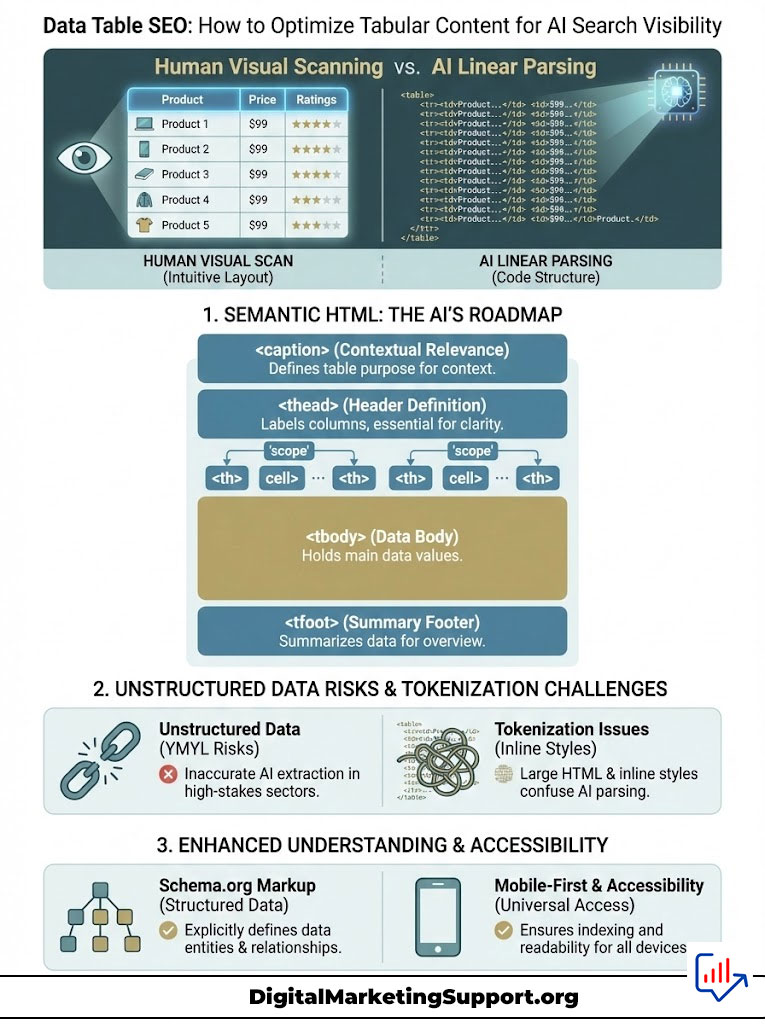 Infographic comparing Human Visual Scanning and AI Linear Parsing for data table SEO optimization.