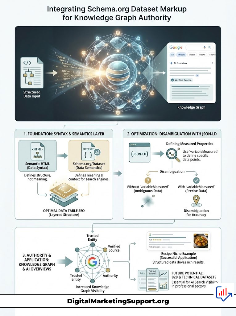 Infographic explaining Schema.org dataset markup for Knowledge Graph authority with steps and examples.