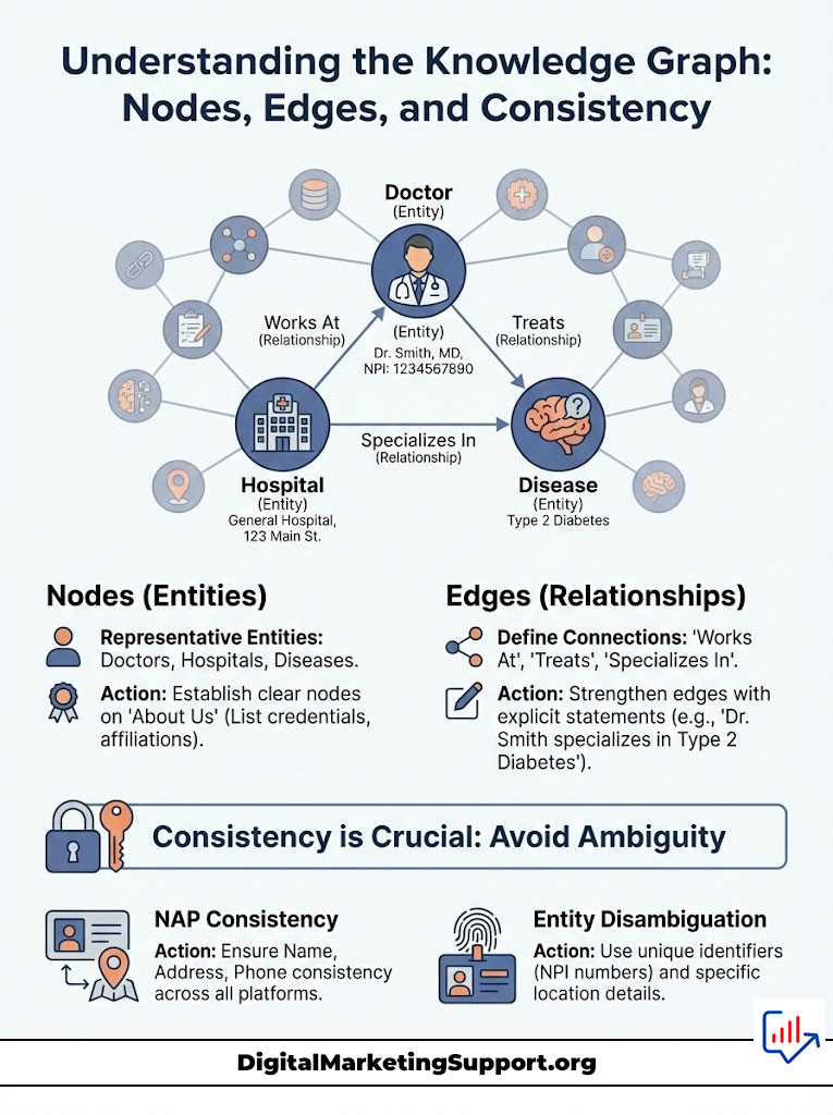 Infographic explaining the Knowledge Graph with nodes, edges, and consistency, featuring doctors, hospitals, and diseases.