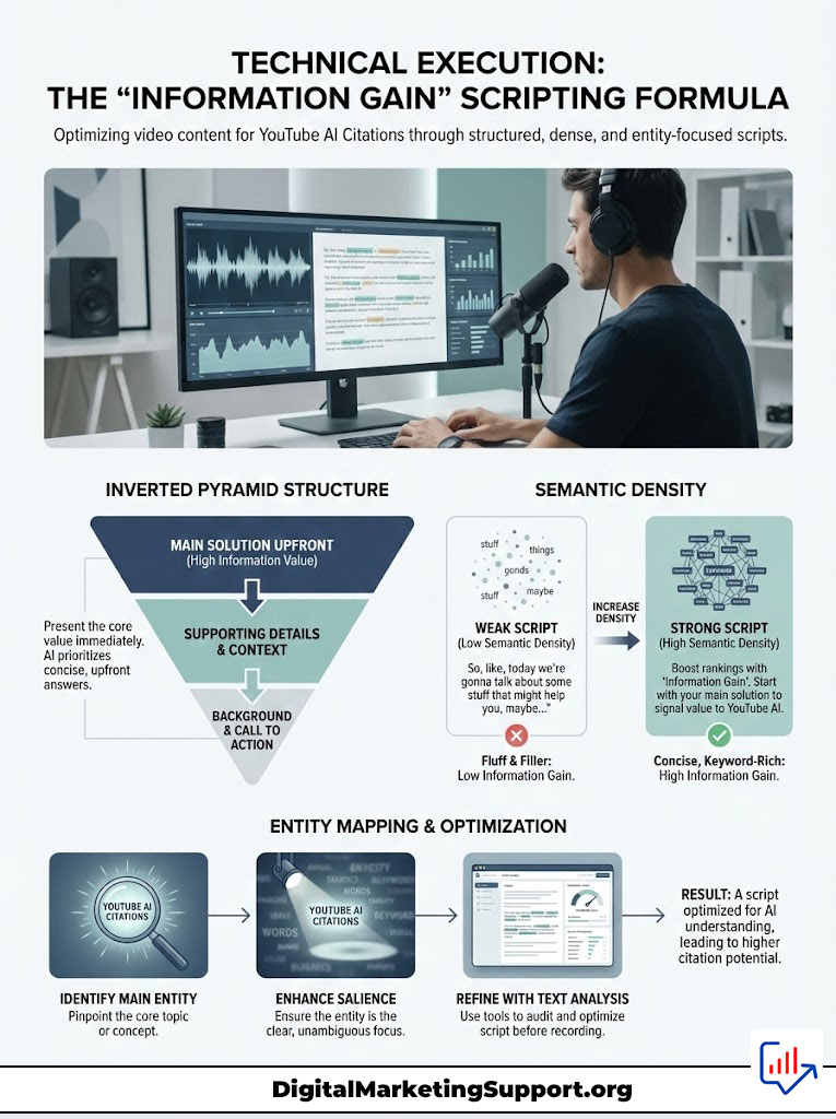 Infographic explaining the "Information Gain" scripting formula for YouTube AI citations, featuring charts and text.