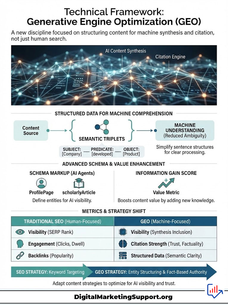 Infographic on Generative Engine Optimization (GEO) detailing AI content synthesis, citation engine, and metrics shift.