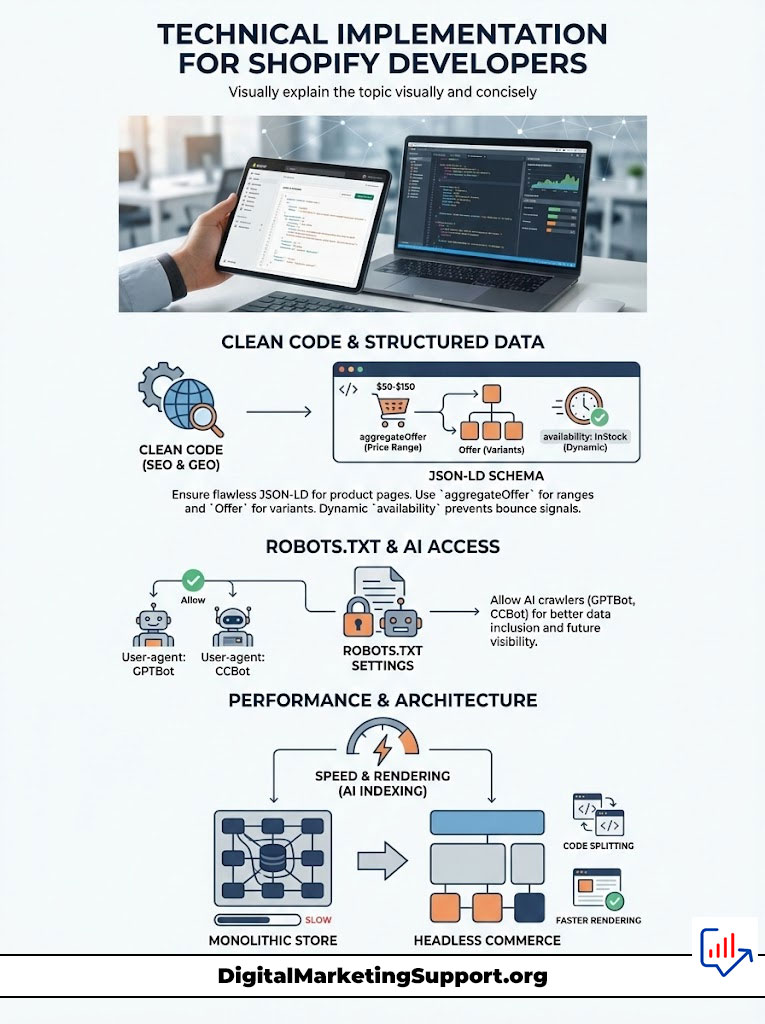 Infographic on technical implementation for Shopify developers, showing clean code, JSON-LD schema, robots.txt settings, and performance tips.