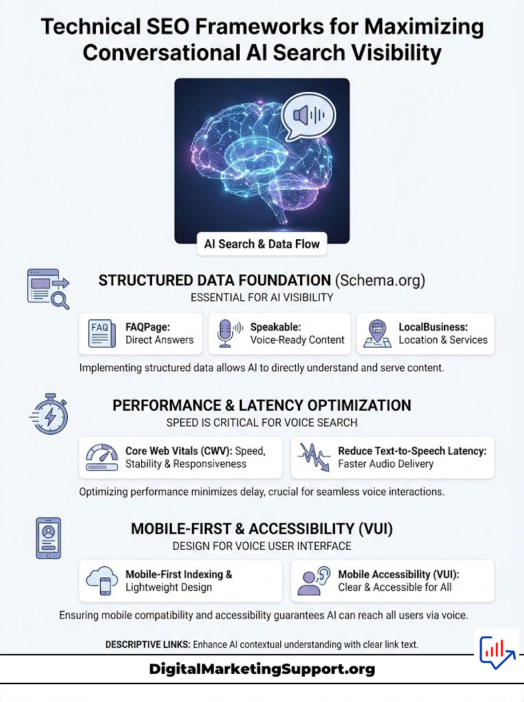 Infographic on technical SEO frameworks for maximizing conversational AI search visibility with charts and icons.