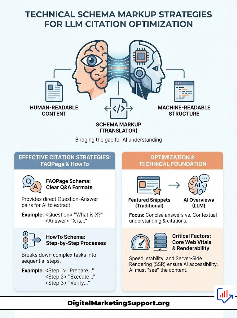 Infographic on technical schema markup strategies for LLM citation optimization, featuring human-readable content and machine-readable structure.